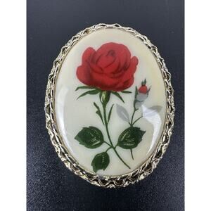 Vintage Red Flower Rose Cameo Pendant Pin Brooch Set in Gold Tone